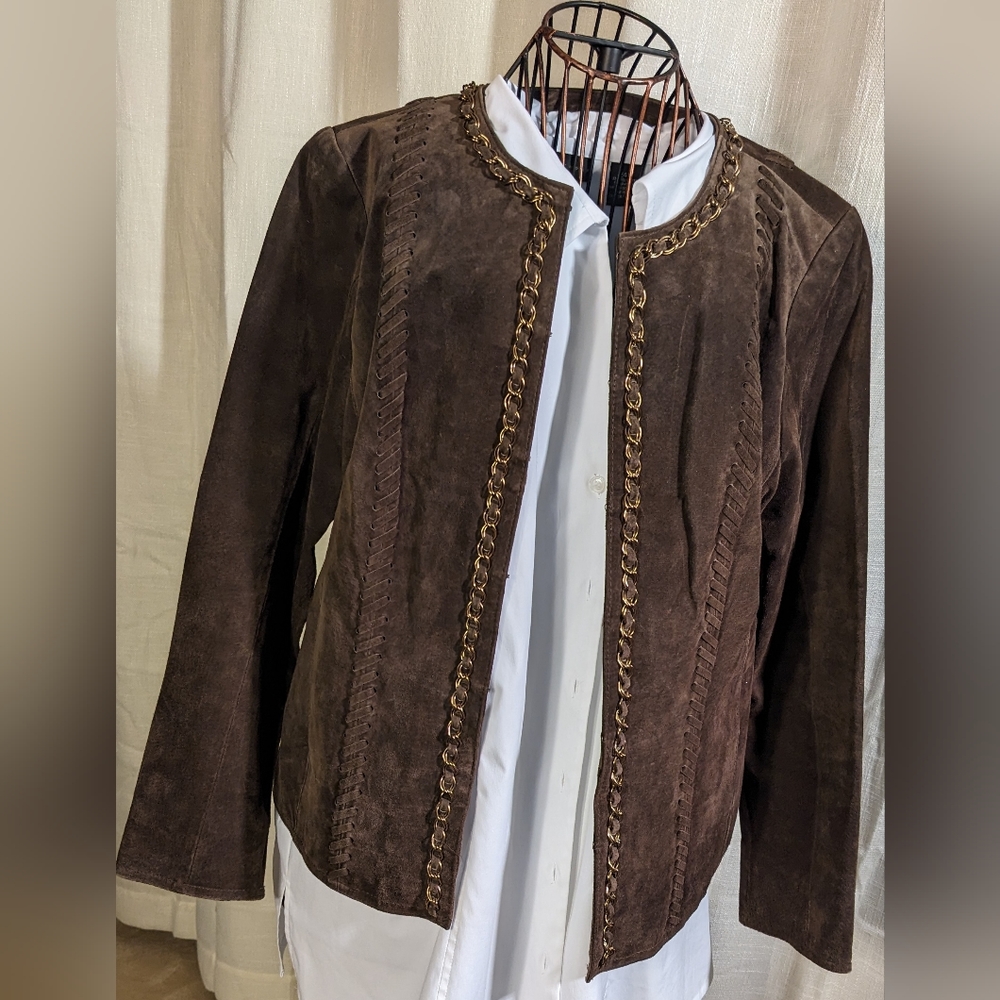 Brown Leather Jacket with Chain Detail - Picture 2 of 10